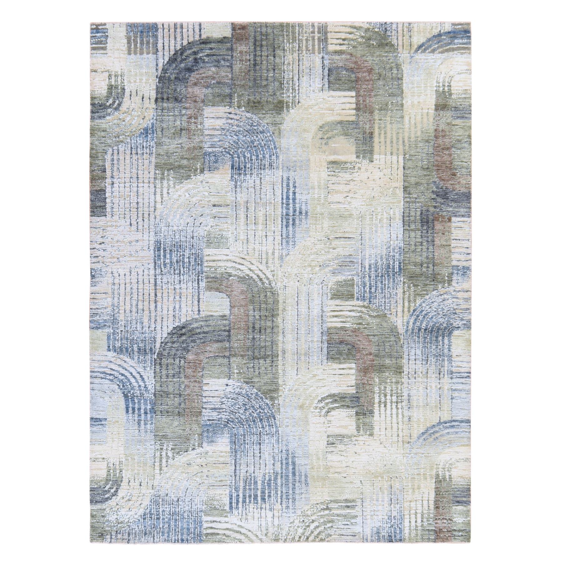 5'1"x7' Whisper White, THE INTERTWINED PASSAGE, Silk with Textured Wool, Hand Knotted, Oriental Rug 